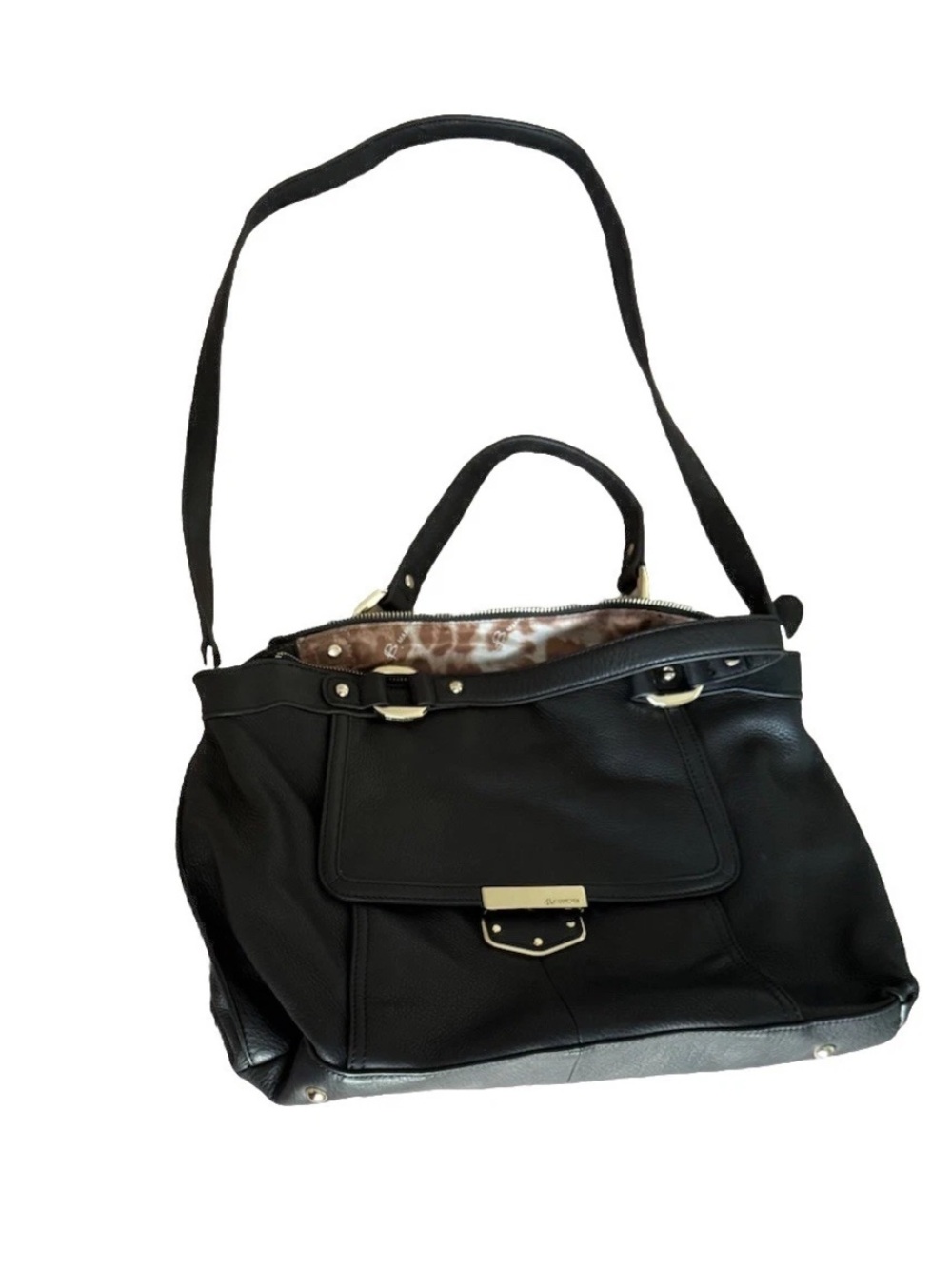 B.Makowsky Lombard Satchel Black Leather Crossbody Bag Shoulder Strap Large